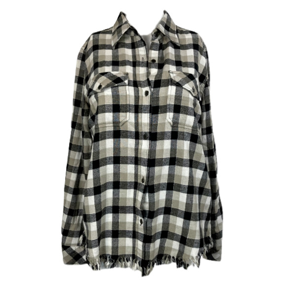 Current/Elliott Tops - Current Elliot Shirt‎ Womens Sz S Black Beige Plaid Flannel Fringe Button Up